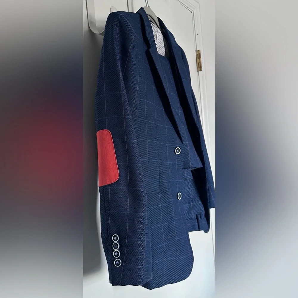 Boys English Laundry Navy & Orange Checkered Suit - Blazer & Pants